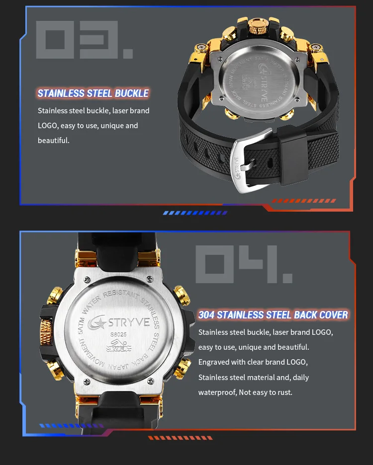 STRYVE Herrenuhren, modische elektronische Uhren für Herren, Top-Marke STRYVE 8025, Outdoor-Sportuhr mit Kalender, Chronograph – Detail 14