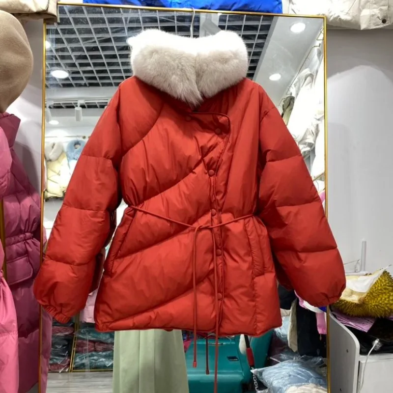 Donsjack met vossenbontkraag voor dames, winterjas, warme parka's, kanten uitloper in de taille, middellange versie, vrouwelijke overjas