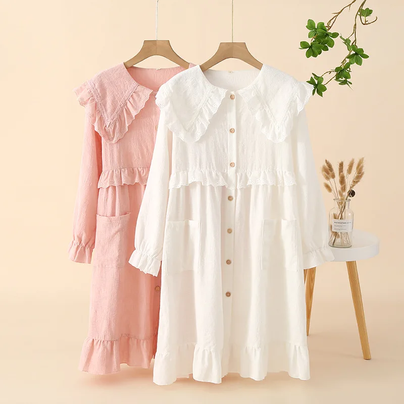 

2023 New Spring and Summer Women's Long Dress 100% Cotton Sleeping Dress Long Sleeve Loose Cute Baby Neck Home Dress Sleepwear