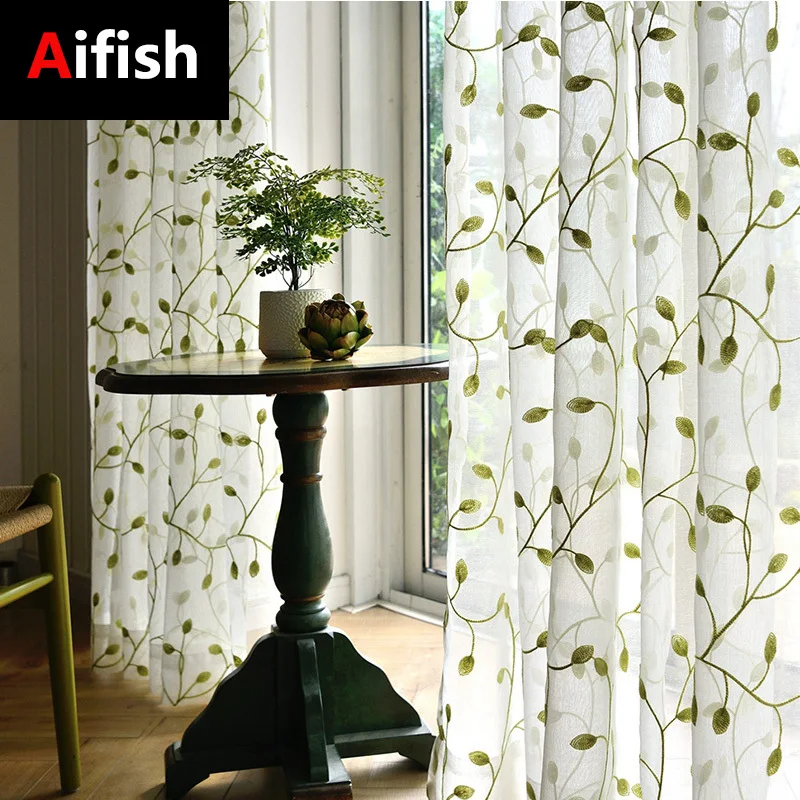 1PC Green Leaf Embroidery Sheer Curtain for Kitchen Balcony Linen Voile Window Rustic Partition Door Drape Custom #E