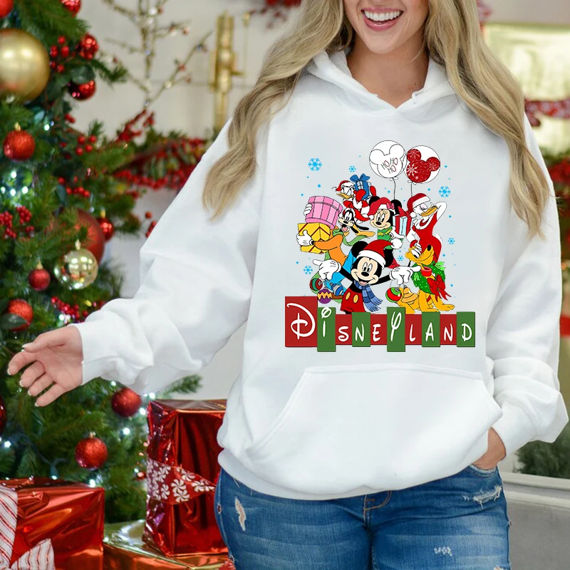 Mickey Mouse Christmas Print Women\'s Autumn and Winter Hoodie Plus Velvet Sports Sweater White Loose Top