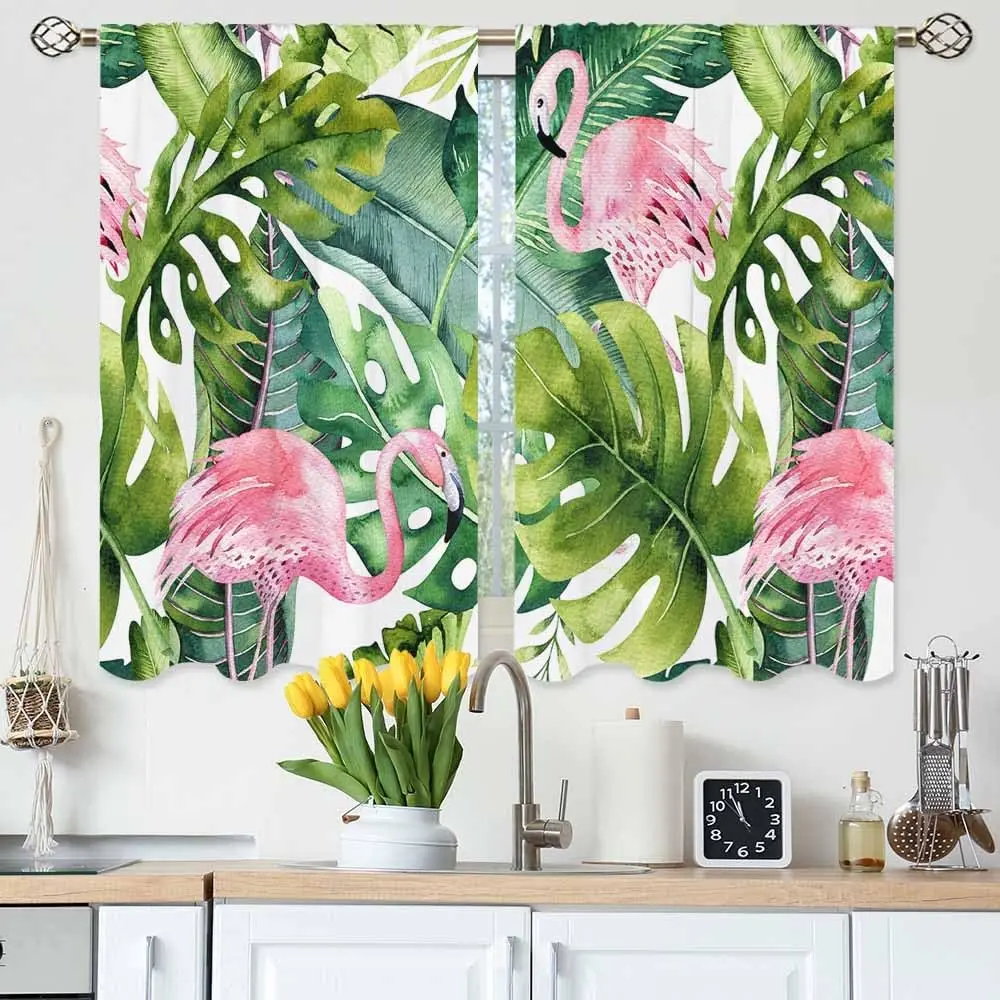 Flamingo Kitchen Curtains Rose Bird Greenery Palm Tree Exotic Tropic Plant Short Tier Curtains for Bathroom Cafe Small Window