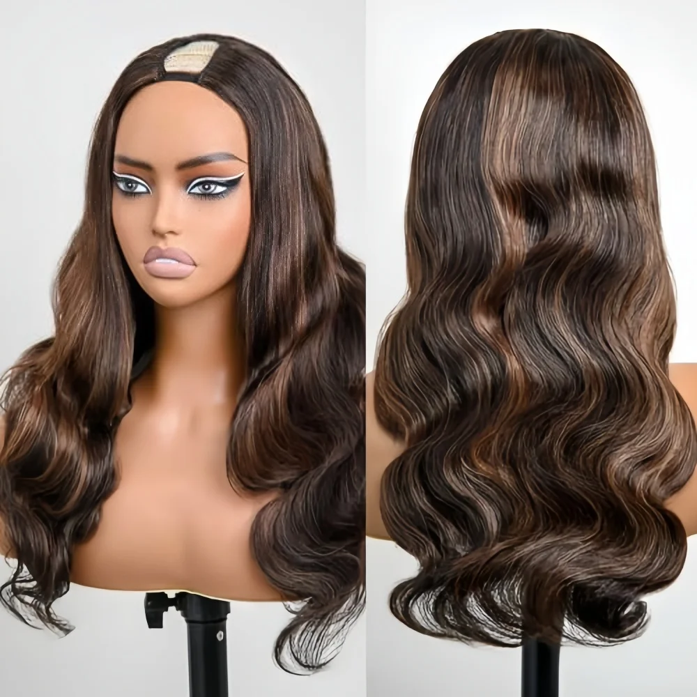 1B/30 Highlight V Part Wig 30 32 Inch Body Wave Human Hair Wigs 230% Density Omber Highlight Glueless Water Wave Wig for Women Daily Use