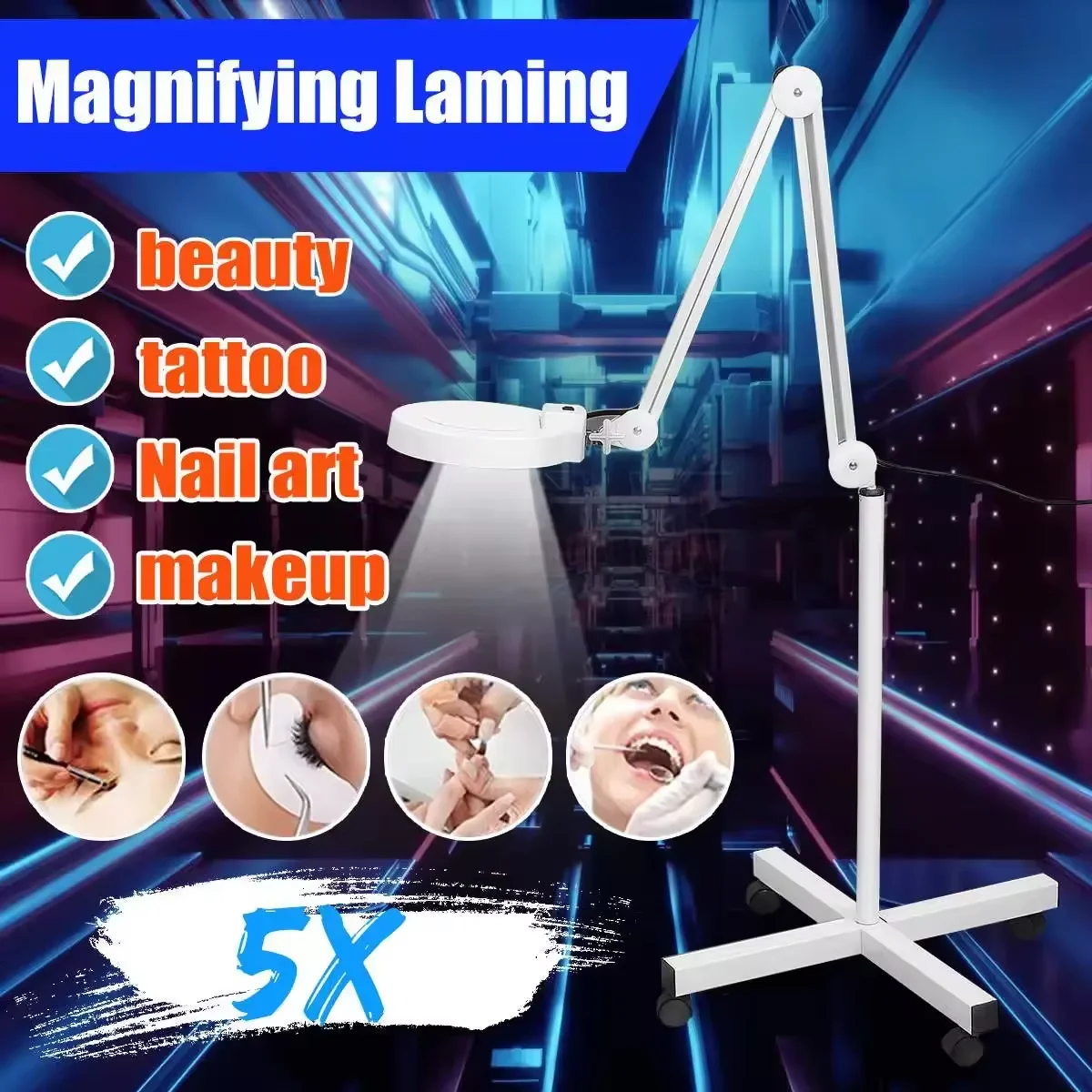 Adjustable height Beauty Salon 5X 8X Magnifying Glass Floor Magnifier Lamp Led Light for Eyelash Extension Aesthetics Skincare