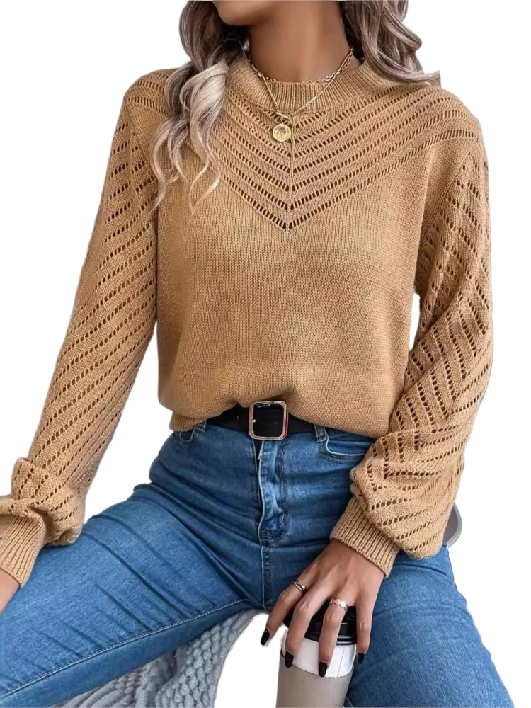 

Autumn Winter New Women's Casual Solid Color Round Neck Sexy Hollow Lantern Sleeve Head Sweater Women's Clothing