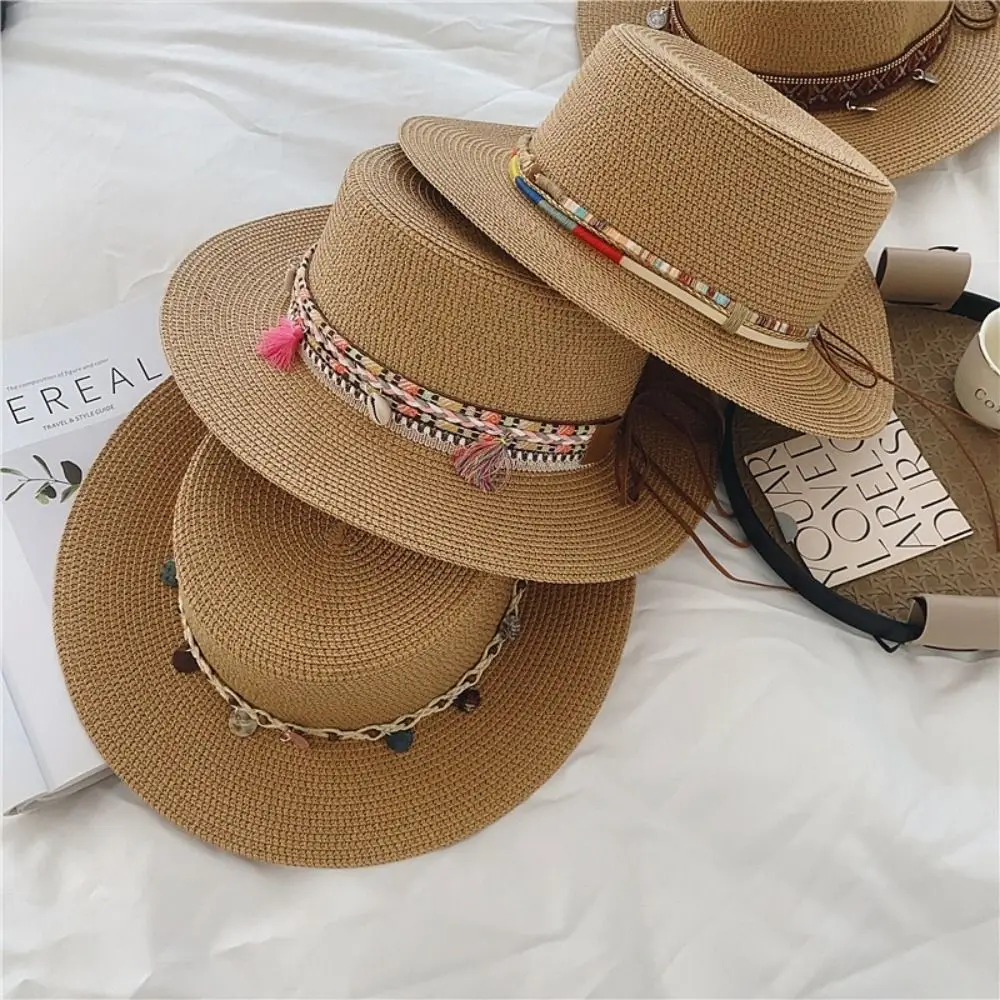 

New Straw Sun Hat Flat Top UV Protection Beach Hat Portable Bohemia Style Sunscreen Straw Hat Beach