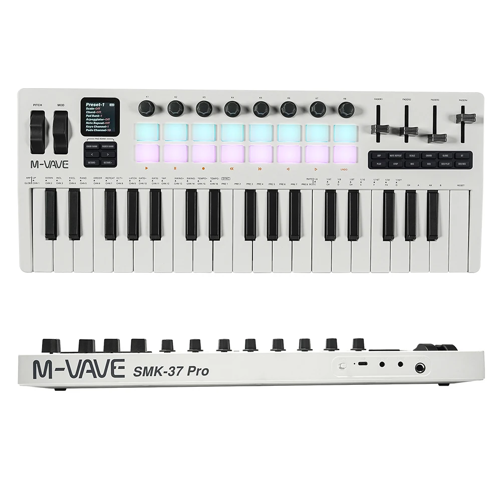 

Мини-MIDI-клавиатура M-Vave SMK-37 PRO, 37 скоростных чувствительных клавиш, поддержка беспроводной связи с 16 барабанными колодками RGB, консоль управления