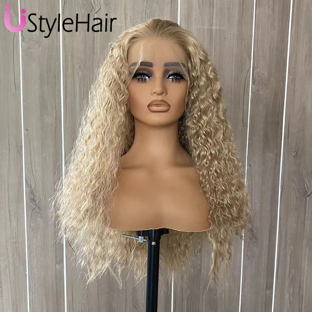 UStyleHair Light Blonde Curly Wig Synthetic Lace Front Wigs for Women Natural Hairline Daily Use Cosplay Wig Deep Curly