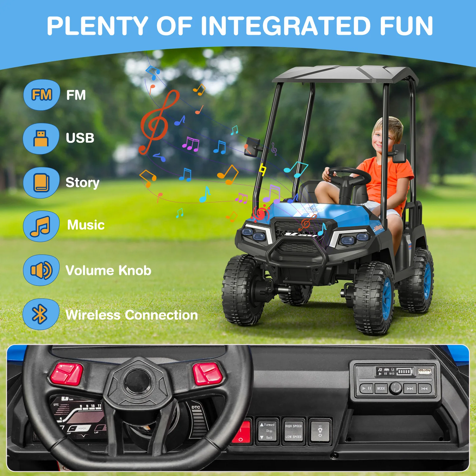 24V Ride-on Toys for Big Kids, 4-Seater Golf Cart, 264 Lbs Capacity, 4WD w/Remote, Awning, Suspension, Music & Power Display