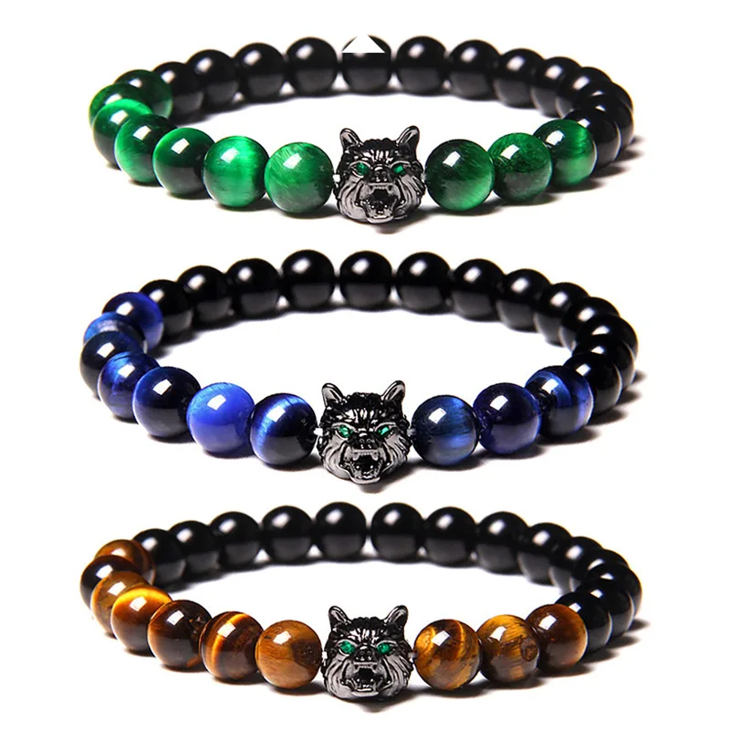 OAIITE 8mm Natural Volcanic Lava Wolf Head Bracelet Men Fitness Charm Reiki Pulse Blue Tiger Eye Jewelry Gift Cure Bracelet