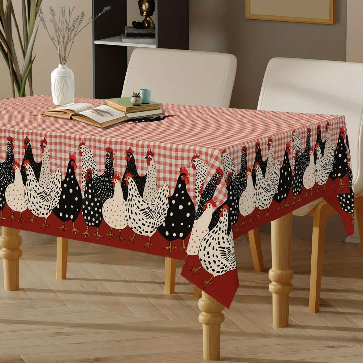 1pc Rustic Farmhouse Tablecloth with Vibrant Rooster & Barn Design - Durable Polyester, Rectangular Shape for Easter, Spring/Sum