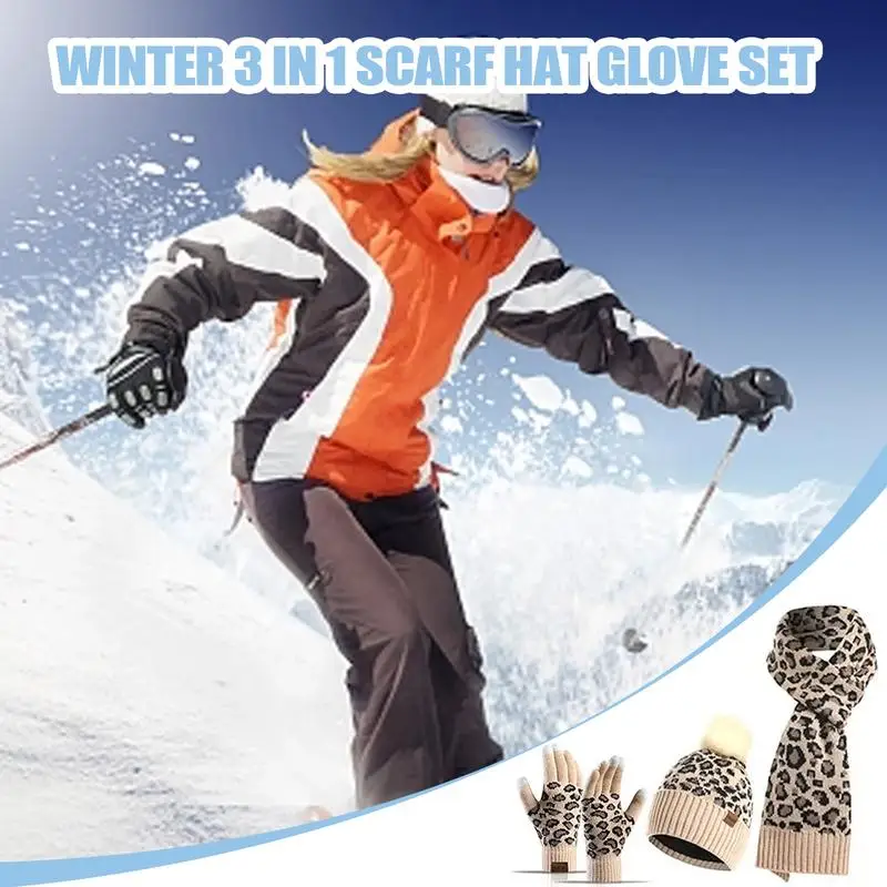 Conjunto de gorro cálido con estampado de leopardo para mujer, conjunto de guantes, bufanda gruesa, bufandas
