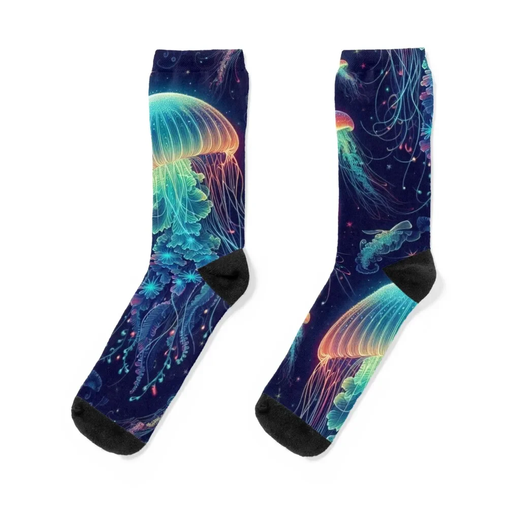 

Luminescent Rainbow Jellyfish on Navy Blue Socks professional running football halloween Designer Man Socks Women's