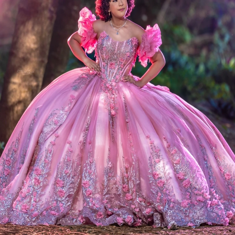 

Pink Shiny Quinceanera Dresses Ball Gown Off The Shoulder Sequin Applique Flower Beading Crystal Corset Party Birthday Sweet 16
