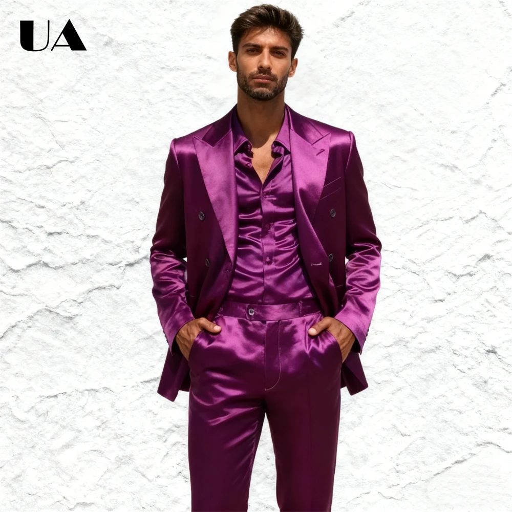 

Silky Satin 2 Pieces Suit Set for Men, Pageant Red Carpet Celebery Suit Jacket Pants Tailored Fitting Suit Attire Evening Outfit
