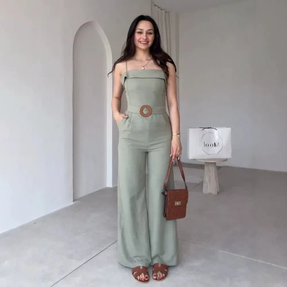 

Women's Jumpsuit Sleeveless Blouse Top with Belt Pocket Casual Overall Playsuit Spring Summer