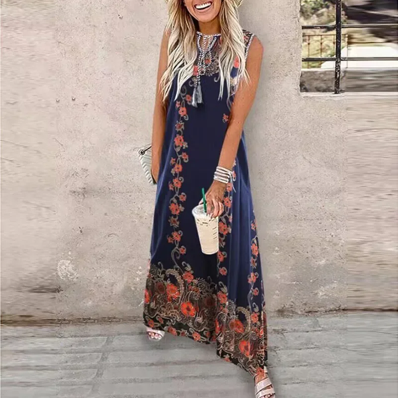 

Vintage Pattern Print Sleeveless Long Dress Women Sexy V-neck Lace-up Hollow Bohemian Dress Fashion Pleated Loose Party Dresses