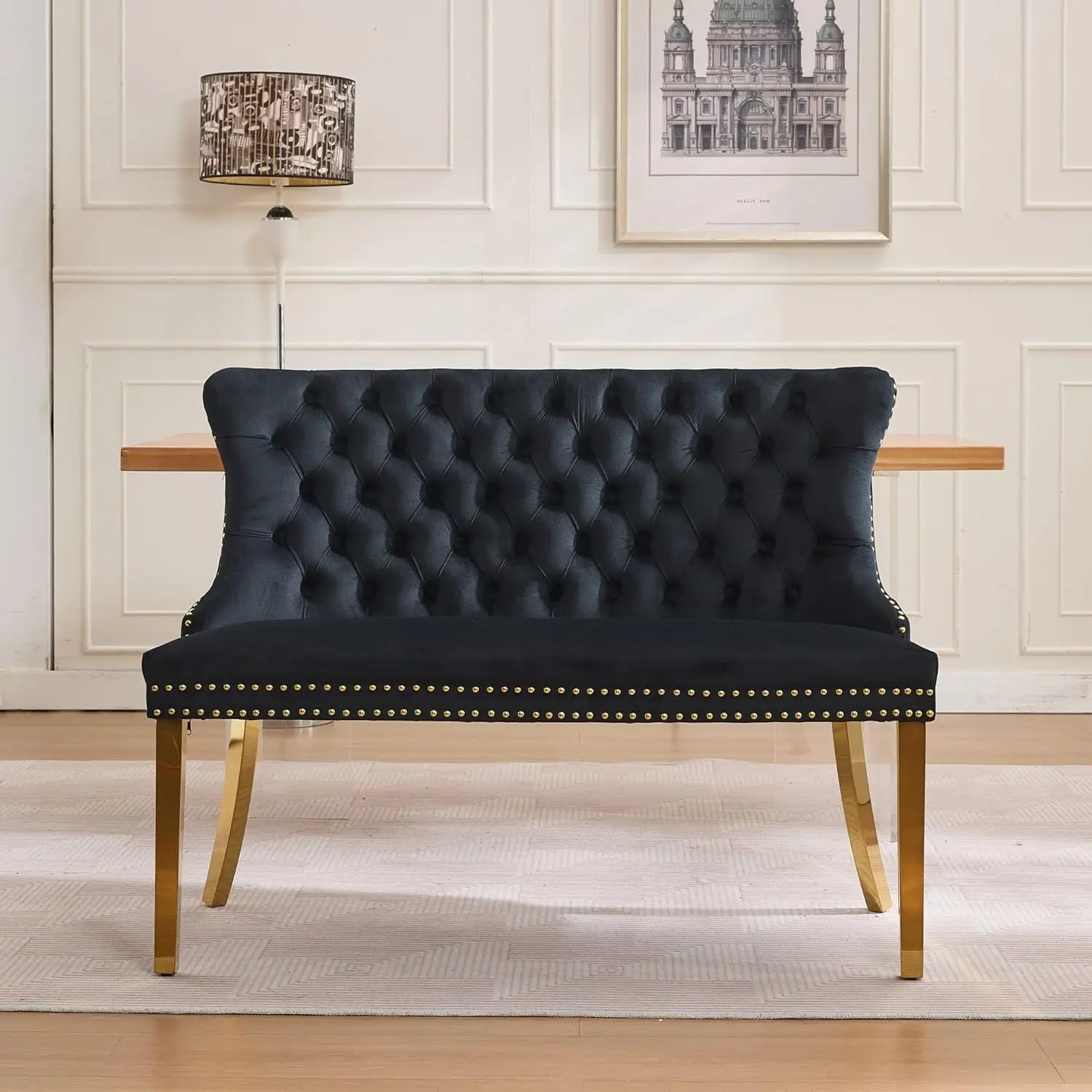 new Velvet Wingback Dining Bench Tufted Upholstered Armless 2-Seat Gold Steel Legs Living Room Customized