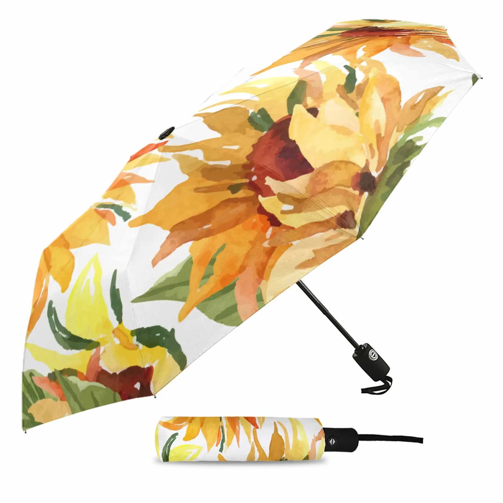 Plants Watercolor Grass Leaves Sunflowers Outdoor Fully-automatic Folding Eight Strands Umbrellas for Adults Printed Umbrella