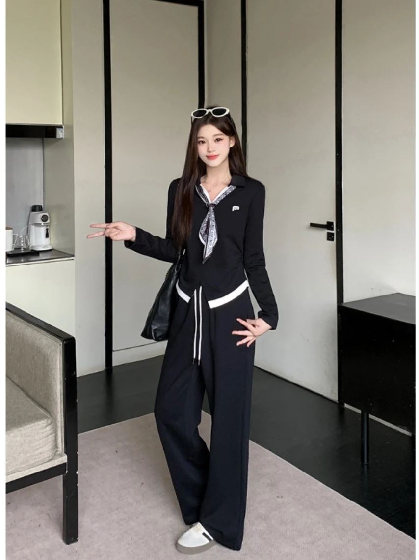 Plus size faionable conjunto de duas peças feminino outono v-ne fita de seda calças de perna larga roupa coreano sle solto ajuste longo sve