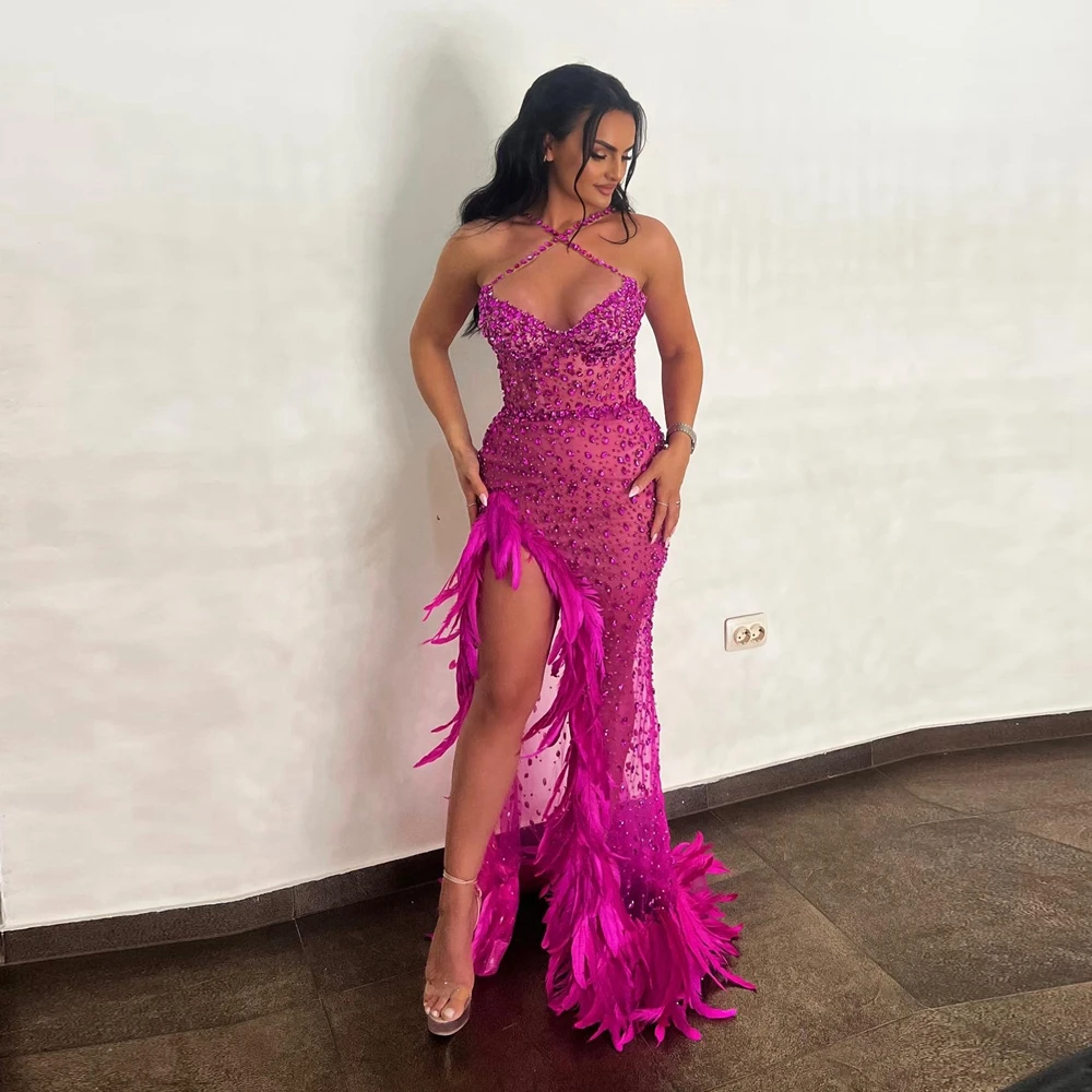 

See Thru Pearls Lace Prom Dresses Fashion Strap Crystals Feathers Evening Gowns High Slit Mesh Mermaid Formal Party Dress