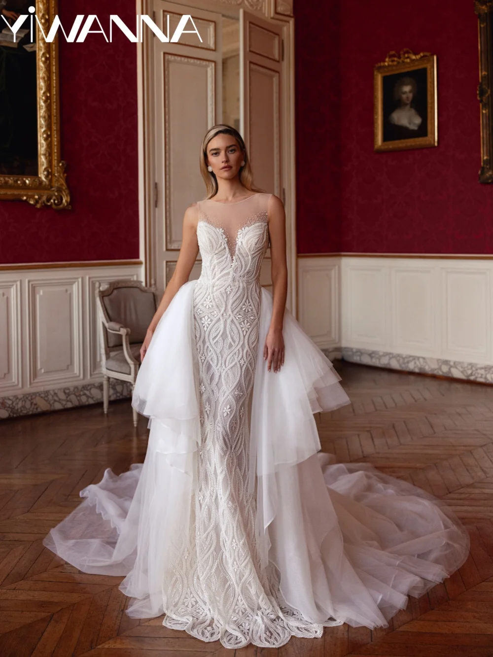 فستان زفاف براقة مزين بالخرز ذيل قابل للانفصال بدون أكمام فستان زفاف أنيق مخصص فساتين حالمة للعروس