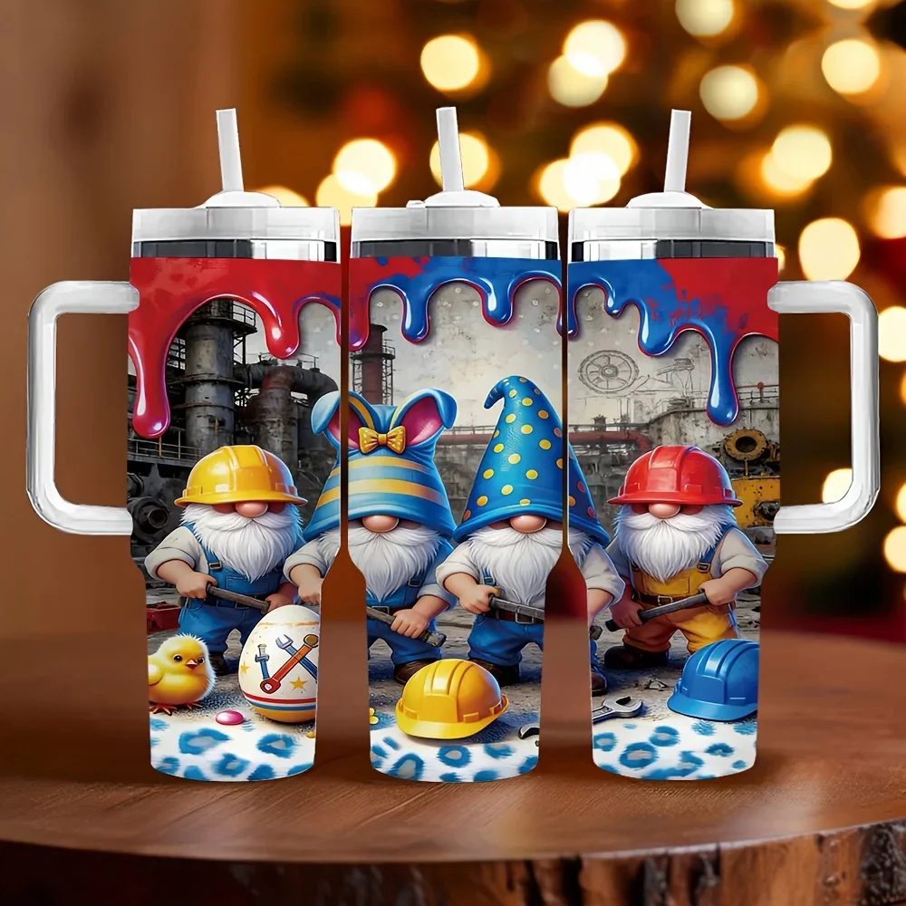 40Oz Insulated Tumbler with Handle, Cute Construction Gnome Print, Great Holiday Birthday Gift for Gnome And Construction Enthusiasts, Long-Term Heat Preservation for Daily And Outdoor Activities