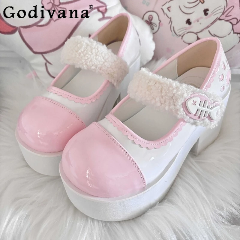 

Velvet Original Thick Soled Fishbone Shoes Female Subculture Sweet Cool Platform Shoes Japanese Style Sweet Shoes for Women