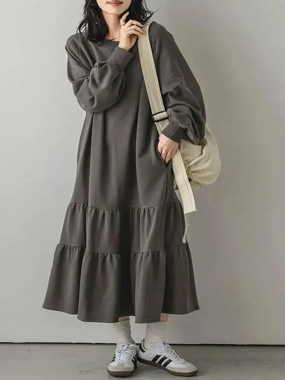 

plus Size Fleece Long Sleeve Dress Autumn Winter Casual Loose A-Line Sweatshirt Dress Lace Hem Big MM 2300 Pounds