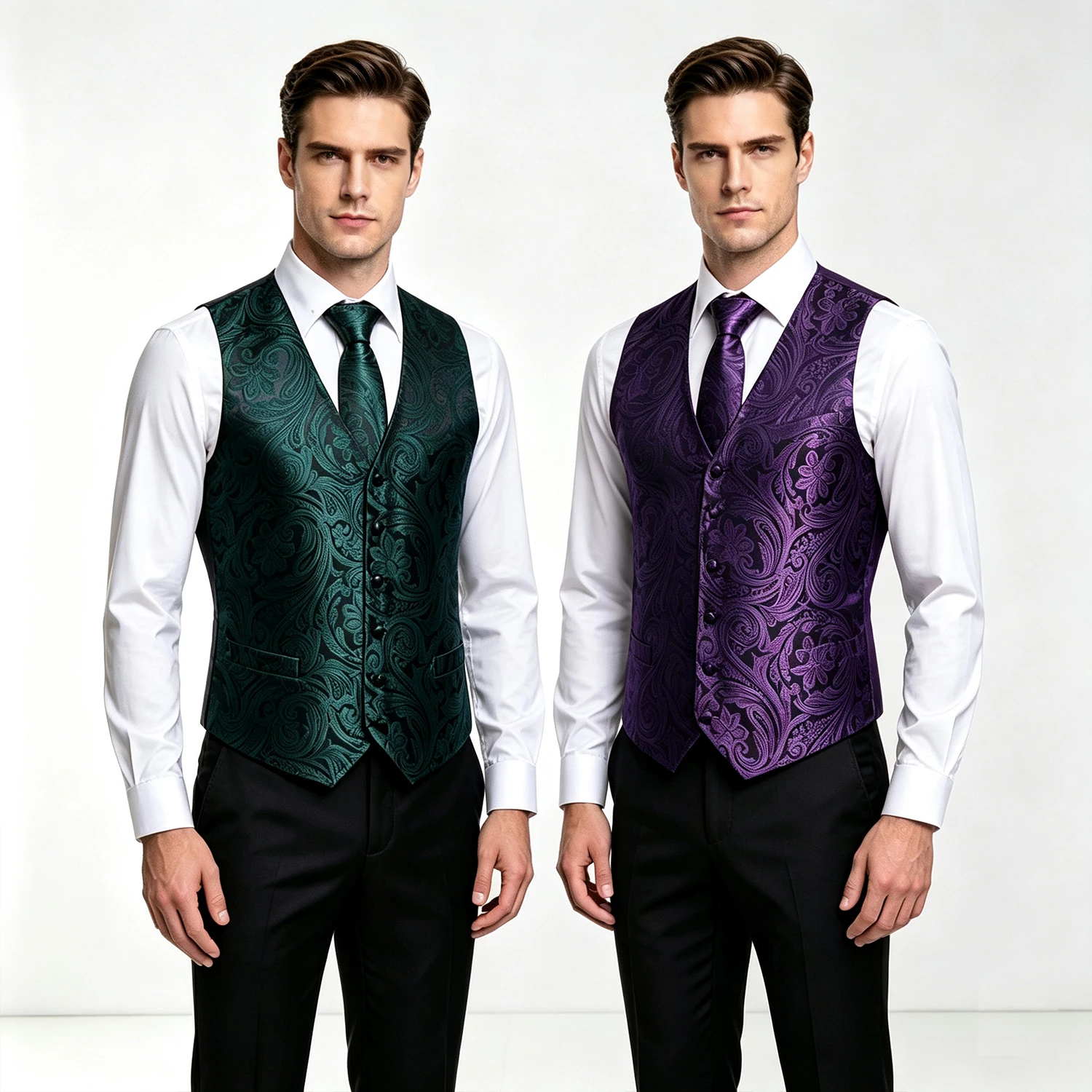 Men Vintage Floral Jacquard V Neck Suit Vest 4 Pieces Set Waistcoat with Matching Tie Pocket Square Cufflinks Formal Wedding