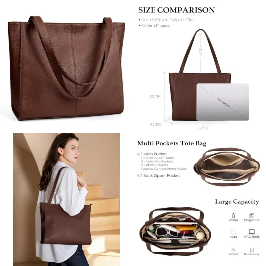 befen Genuine Leather Zipper Tote Bag for Women Work with Laptop Compartment, Women's Leather Shoulder Purse Satchel Handbags