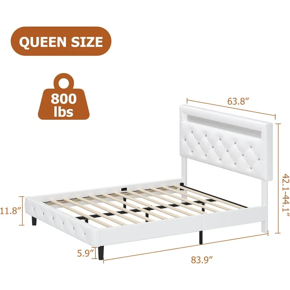 Queen Bed Frame with LED Lights, Adjustable Crystal Button Tufted Headboard, Strong Wood Slat Support, Faux Leather Bed Frame