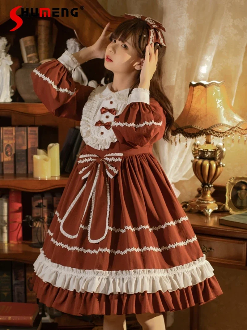 

Elegant Vintage Lolita Princess Dress Doll Collar Long Sleeve Ruffles Bow High Waist A-line Daily Casual Sweet Cute Dress Women