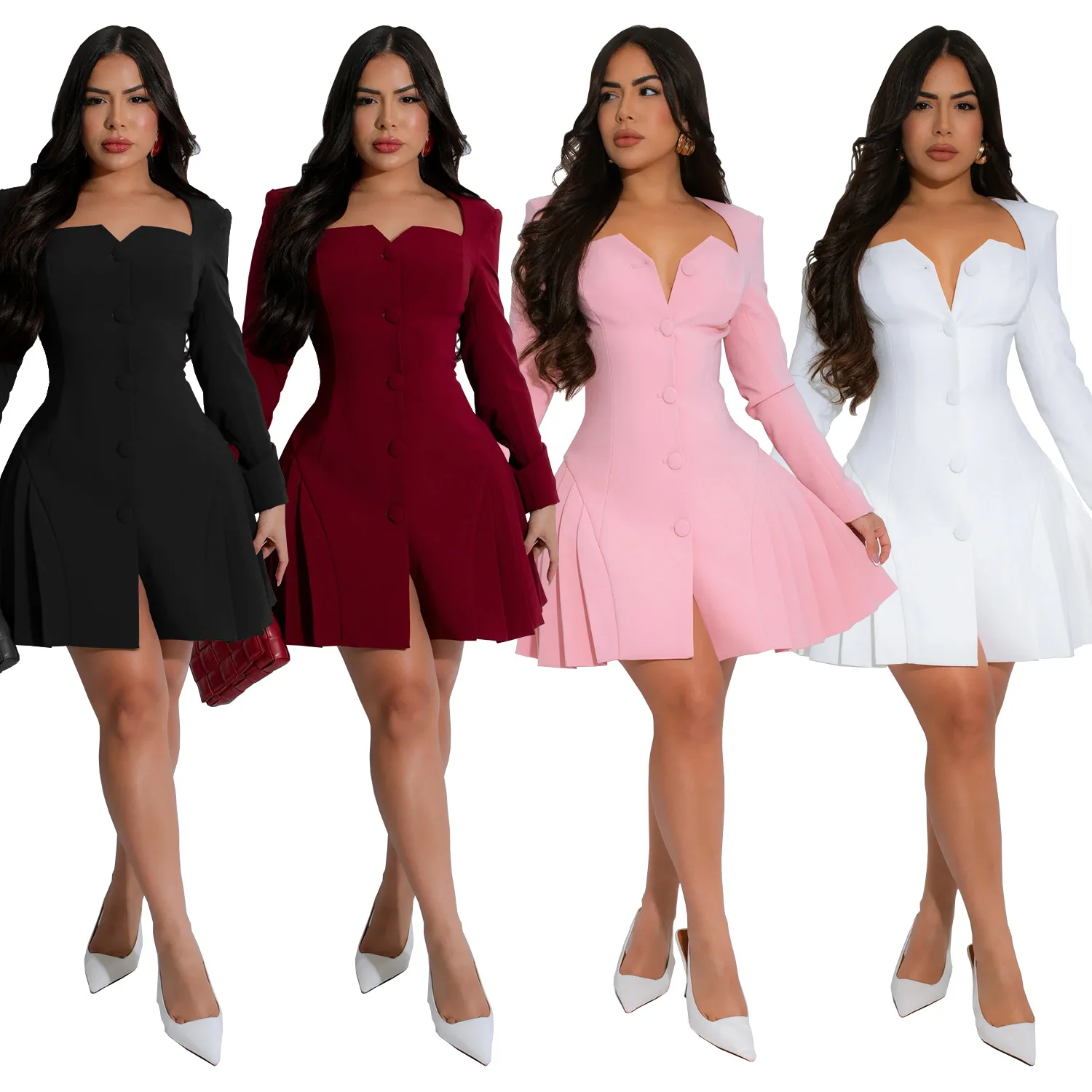 Kurzes Kleid Frauen Weiß Einreiher Y2k Streetwear Hohe Taille Kleider Rüschen V-ausschnitt Elegante Vestidos Plissee Büro Dame