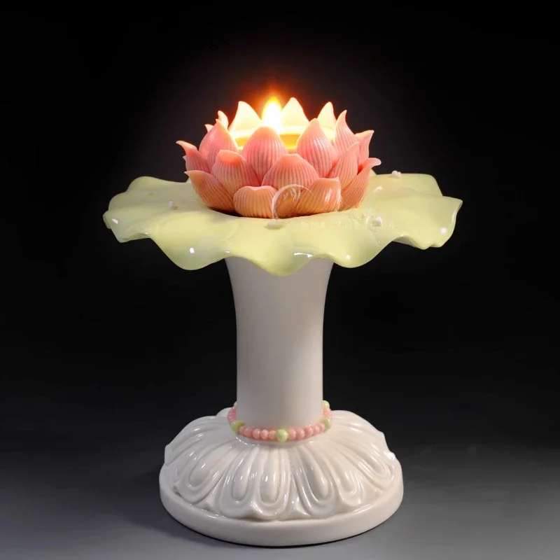 1PCS ceramic high footed lotus leaf lamp platform Buddhist hall for offering Buddha lamps butter lamps candle holders