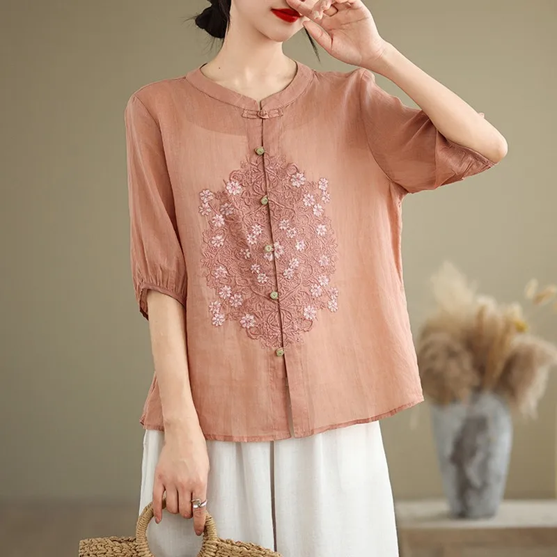 Chinese Style Casual Shirt Women New Arrival 2024 Summer Vintage Floral Embroidery Loose Female Half Sleeve Tops Shirts B3874