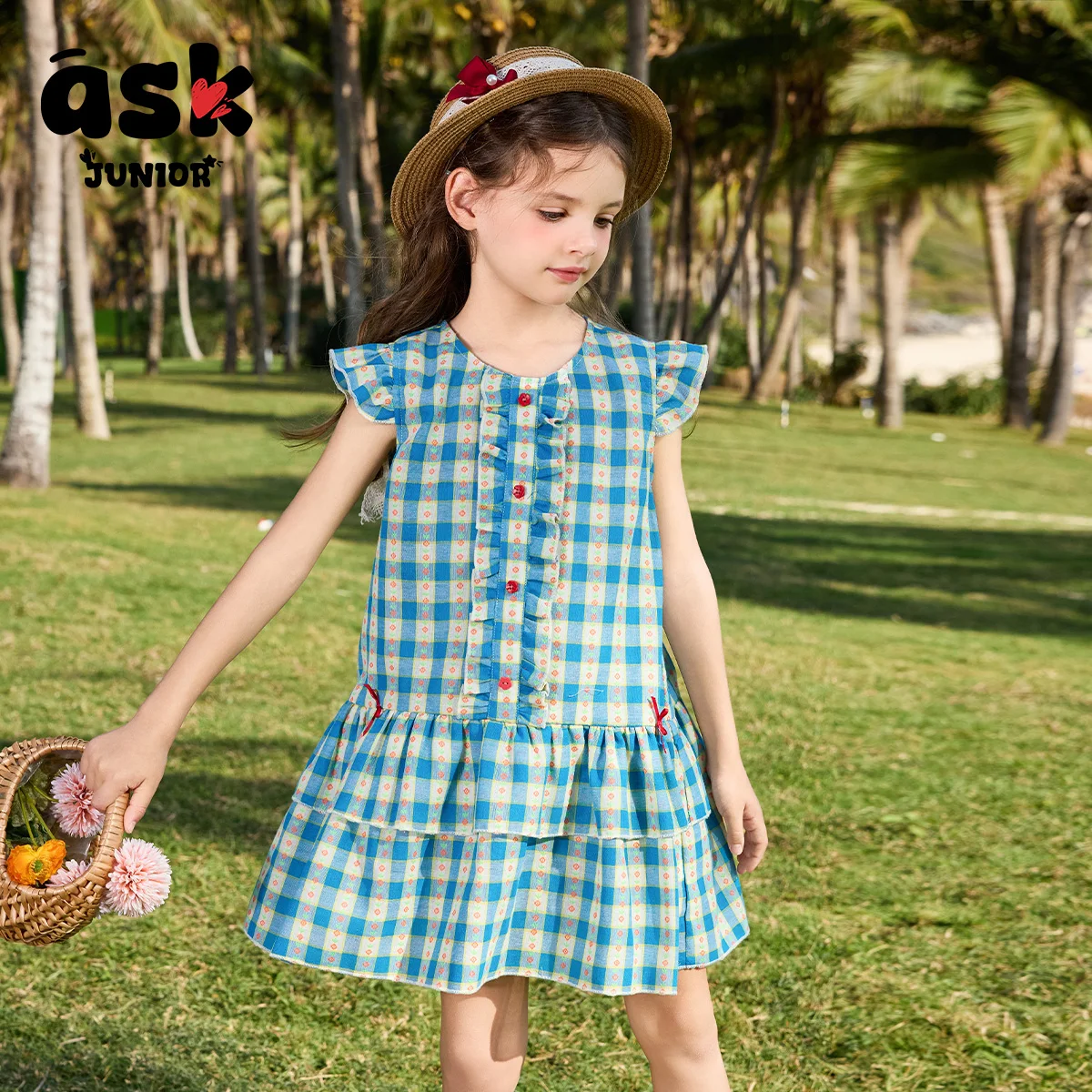 اسأل جونيور بنات سترة تنورة الصيف أزياء منقوشة التباين اللون الفتيات اللباس #1