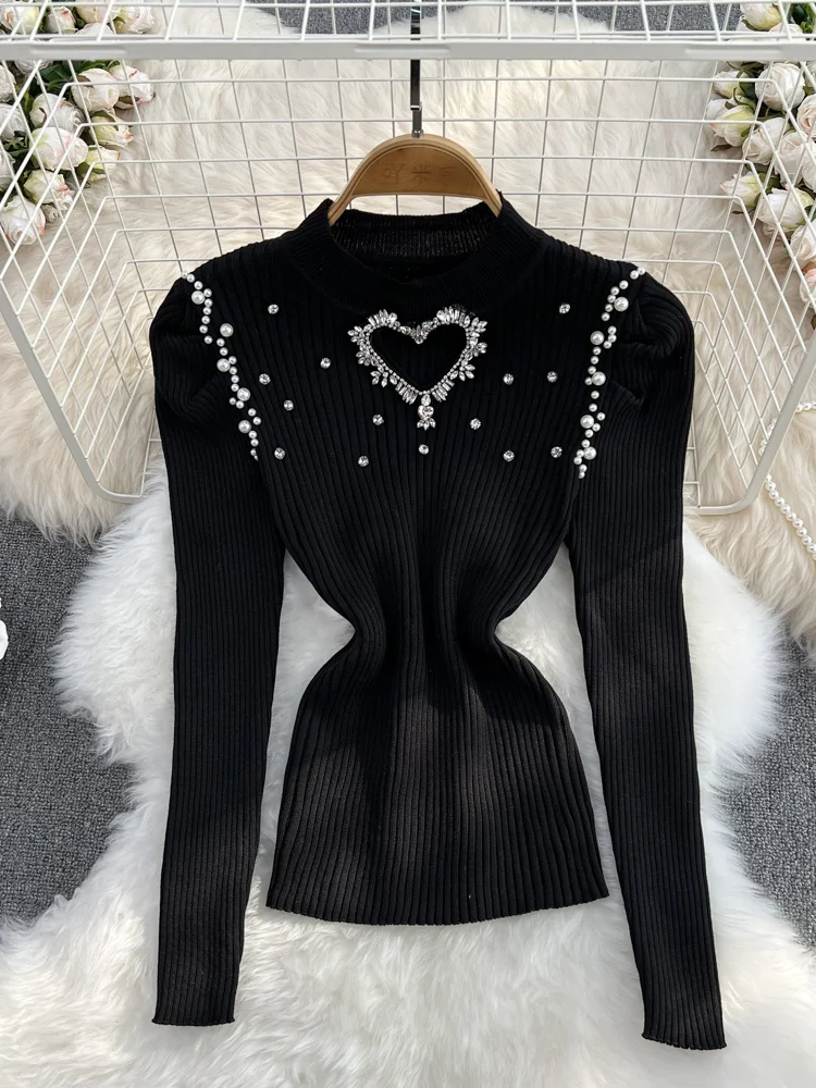 Collar Bubble Stand Long Sleeve Diamond Studded Hollow Knitwear 2023 Autumn New Fashion Black White Short Sweater Top for Women