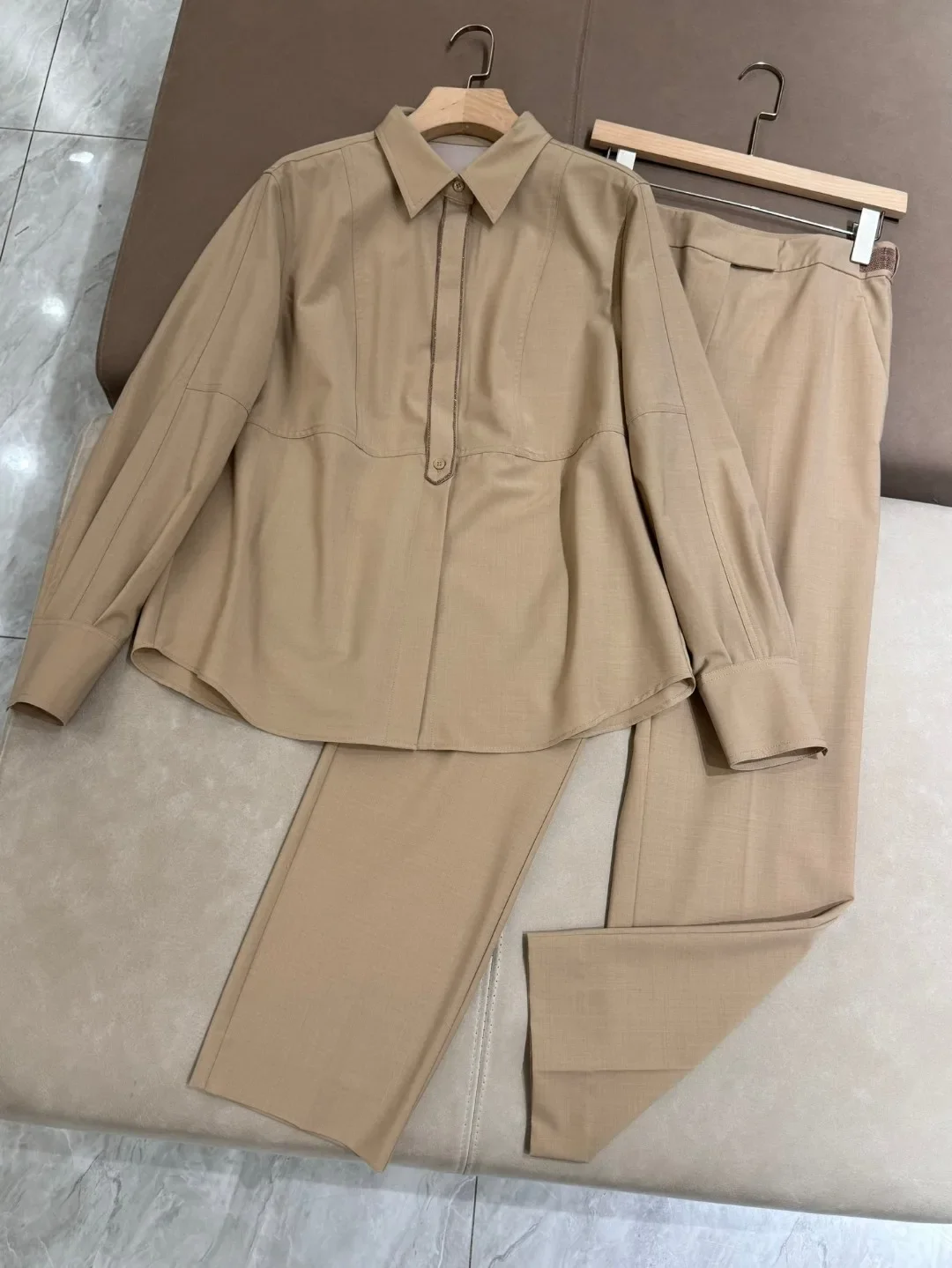 Women's Set 2024 New Autumn Spring Wool Blend Turn Down Collar Commuter Shirt or High Waist Long Pants