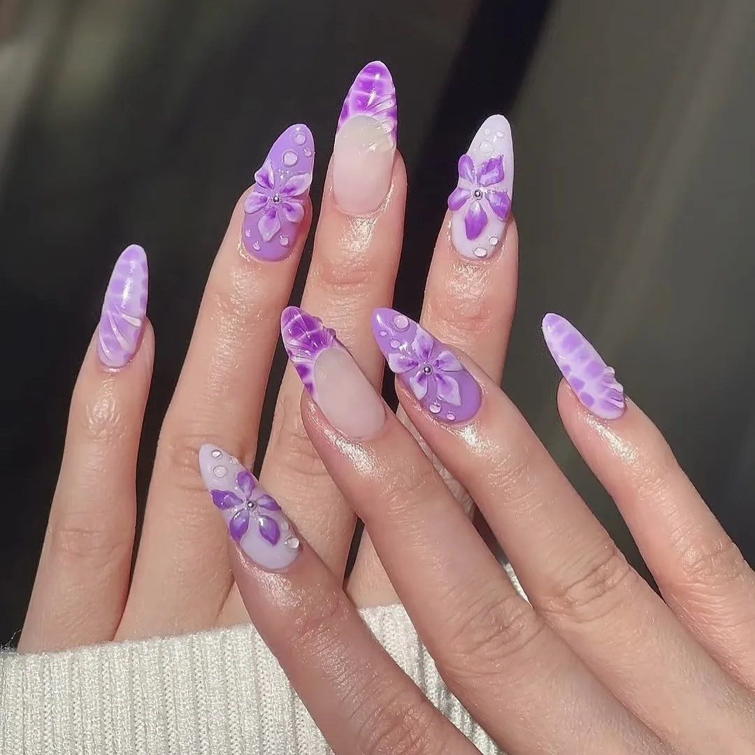 

24pcs Gradient Purple False Nails Sets with Flower Design Long Almond Press on Nails Art Wearable French Fake Nail Tips Manicure