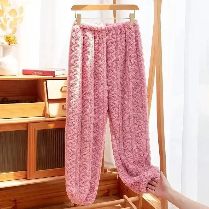 Coral Fleece Casual Sleep Bottoms Women's High Waist Home Soft Loose Bound Feet Trousers Warm Thick Solid Stripe Pajama Pants