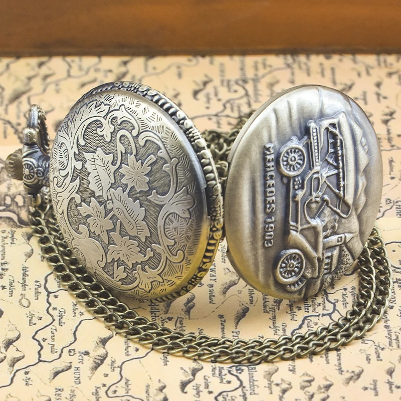 خمر البرونزية Steampunk خمر سيارة 1903 منحوتة ساعة جيب كوارتز قلادة قلادة ساعة سلسلة الرجال سلسلة نسائية هدية