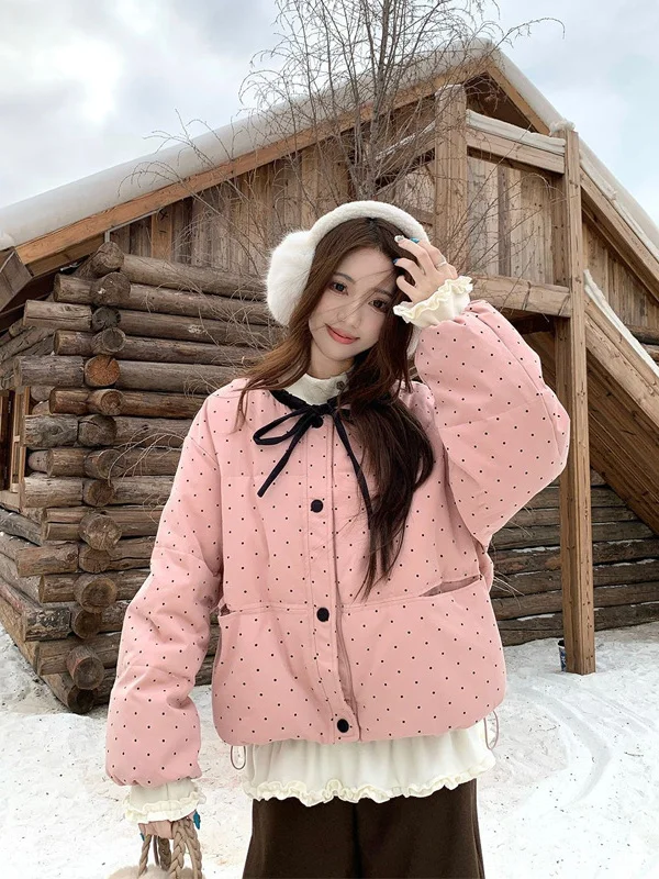 

Sweet Style Polka Dot Long Sleeve Cotton Jacket Women's Thick Warm Pink Coat Winter New Arrival Korean Loose Fit round Neck