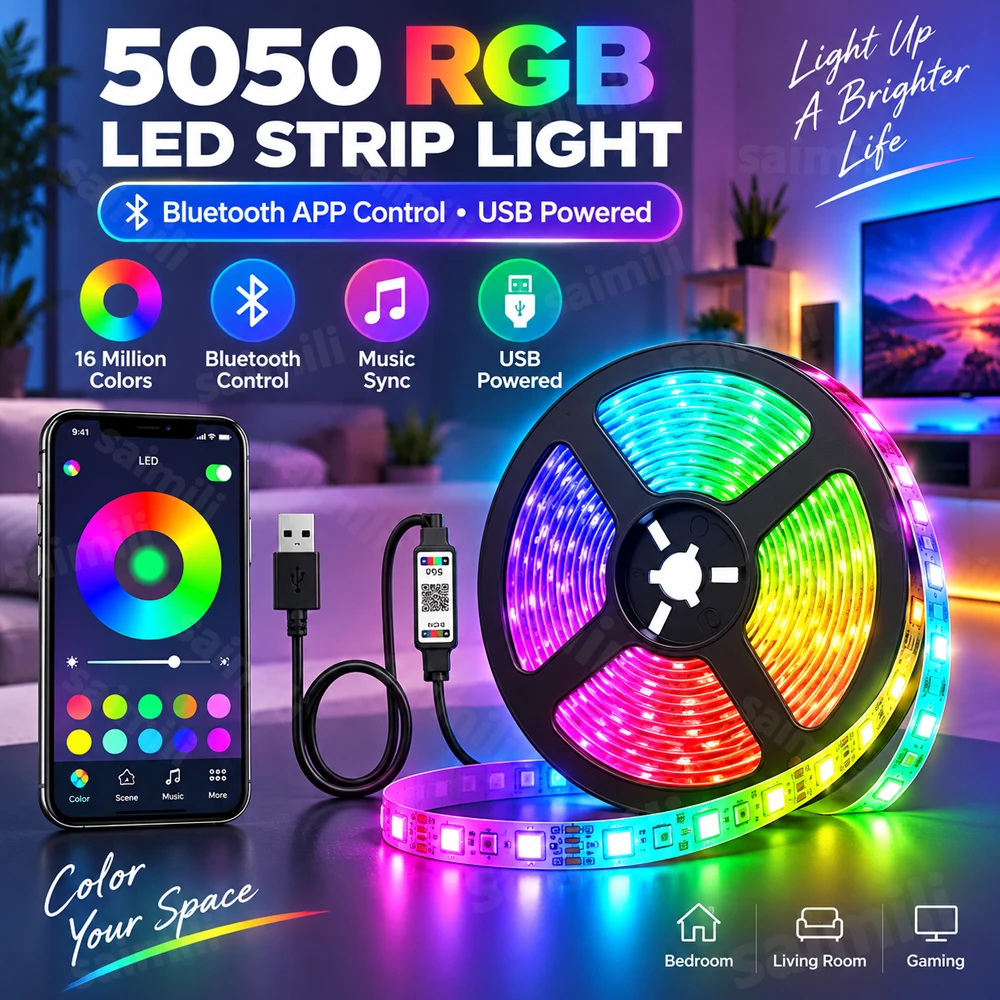 5050 SMD RGB LED Strip USB Power Bluetooth APP Control Music Sync Multi‑Color Adjustable Home Ambient Decor Lighting Fixture