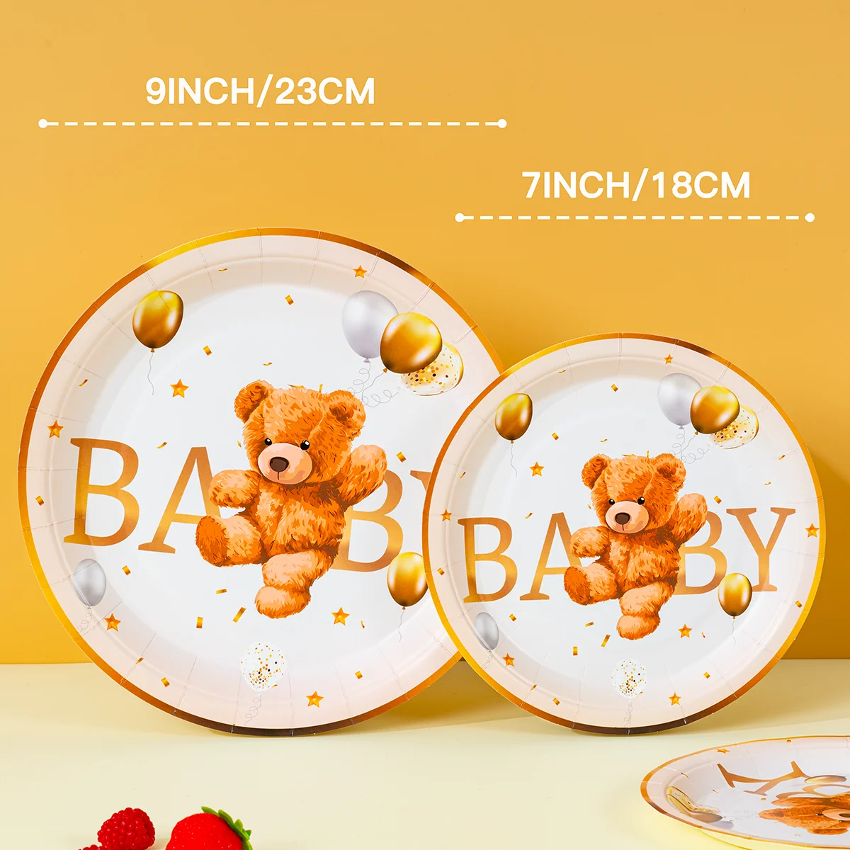 10/25/50pcs Gold Rim Baby Bear Print Disposable Paper Plates 7/9 Inch Round Plates for Gender Reveal view 2