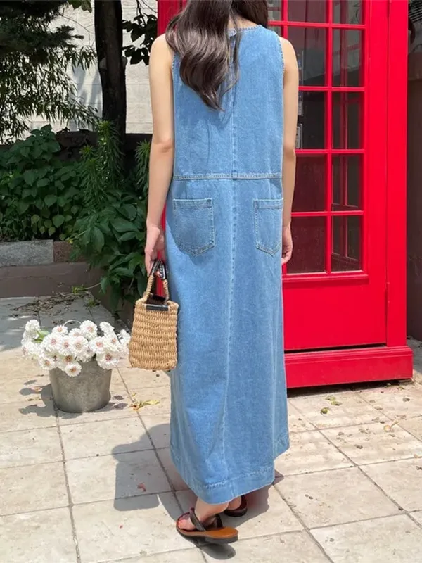 Vestido Ceco Vaquero Azul Deado para Mujer, Nuevo Estilo Vintage de Verano, Hoado, Recto, Falda Larga, Cómodo, Transpi...