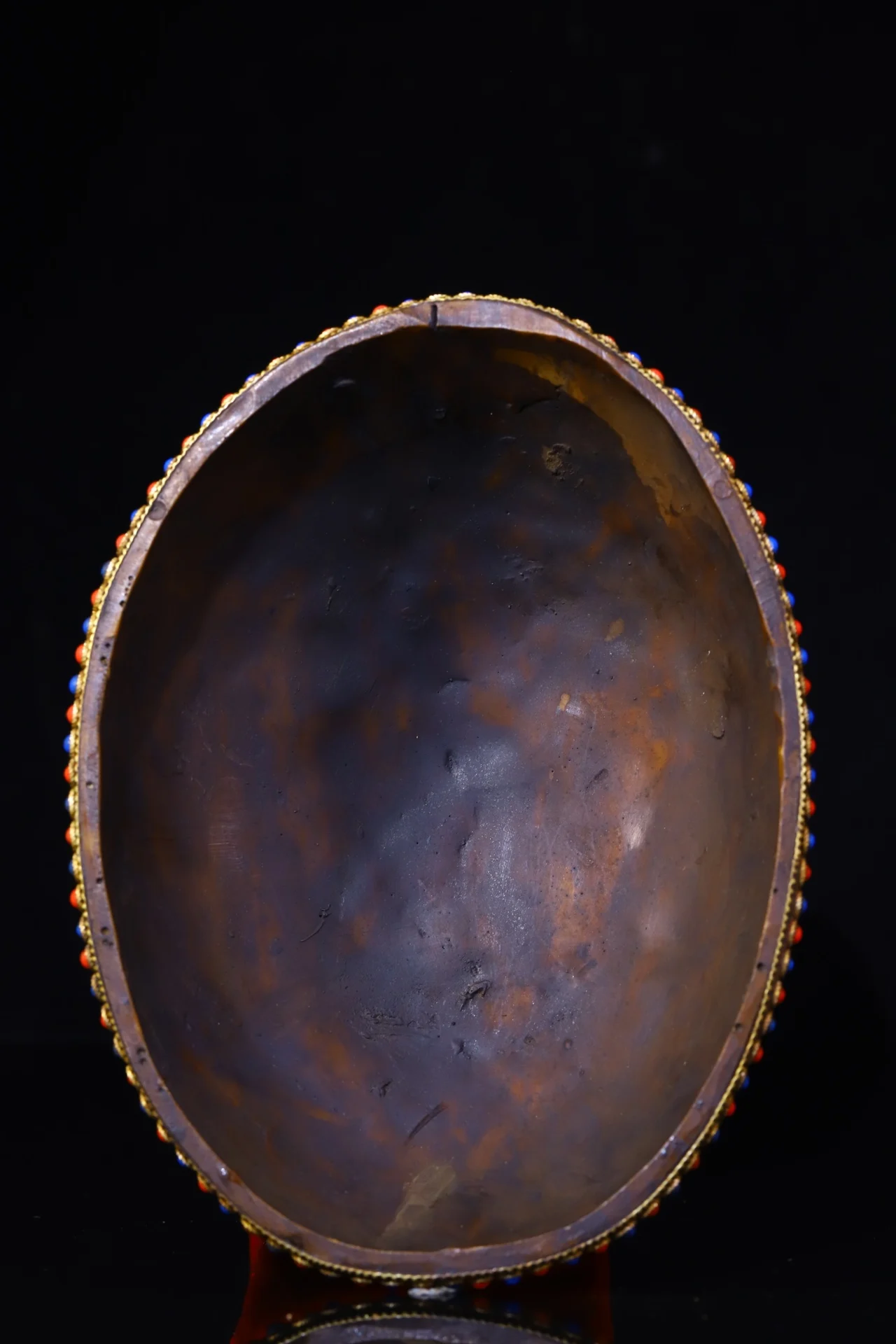 Xizang Folk Collection  Old Gabala Bowl Mosaic Gem gZi Beads Turquoise Skull Six  Character Proverbs Kapala Skull Cup