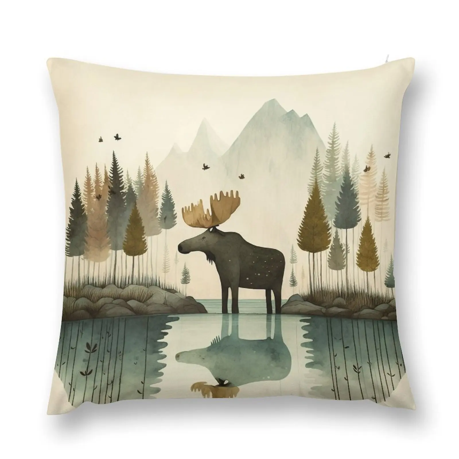 Whimsical Moose in the Forest, Wall Print, Simplistic Art, Woodland Animals, Nursery Wall Art Decor, Kids Room, Lan Throw Pillow