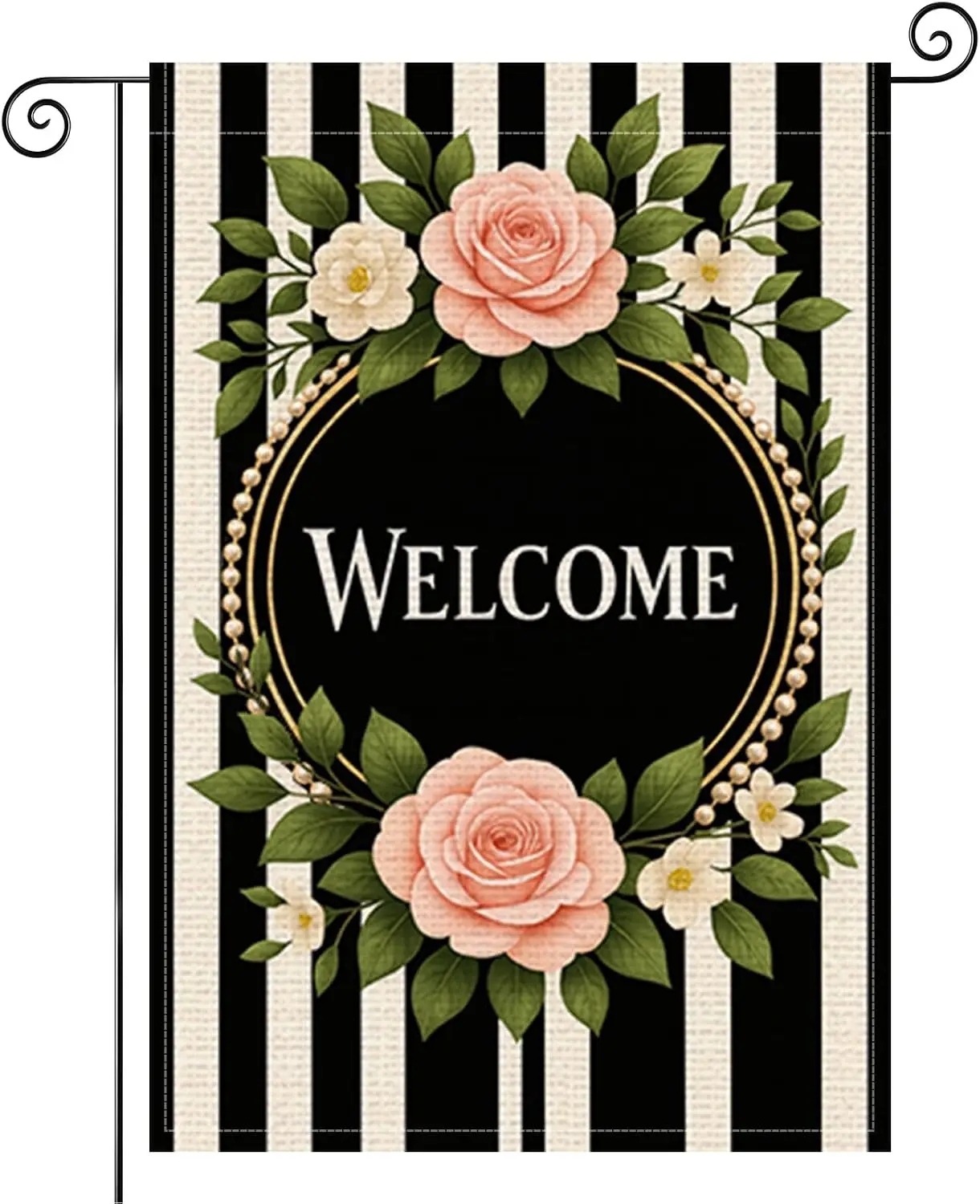 Welcome Rose Wreath Greenery Stripe Spring Flag 12x18