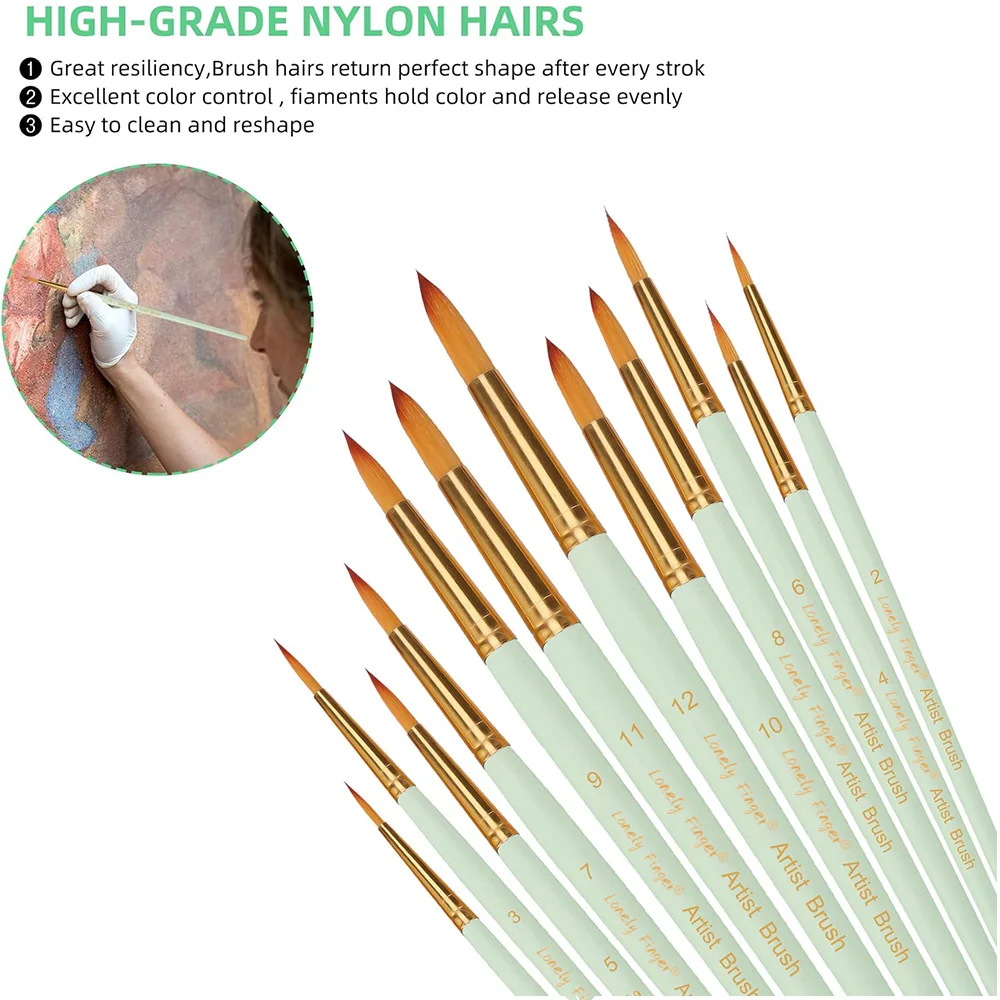 Paint Brushes Set, 12 Pcs Round Pointed Nylon Hair Artist Paint Brushes for Acrylic Oil Watercolor,  Miniature Detailing Brushes